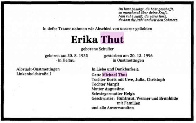 Schuller Erika 1935-1996 Todesanzeige